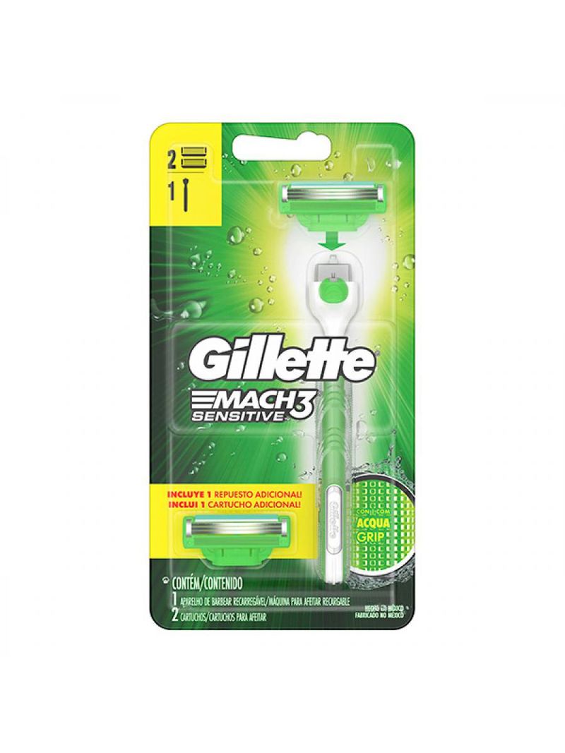 Aparelho Barbear Gillette Mach3 Sensitive Com 1 + 2 Laminas Acqua Grip  Especial