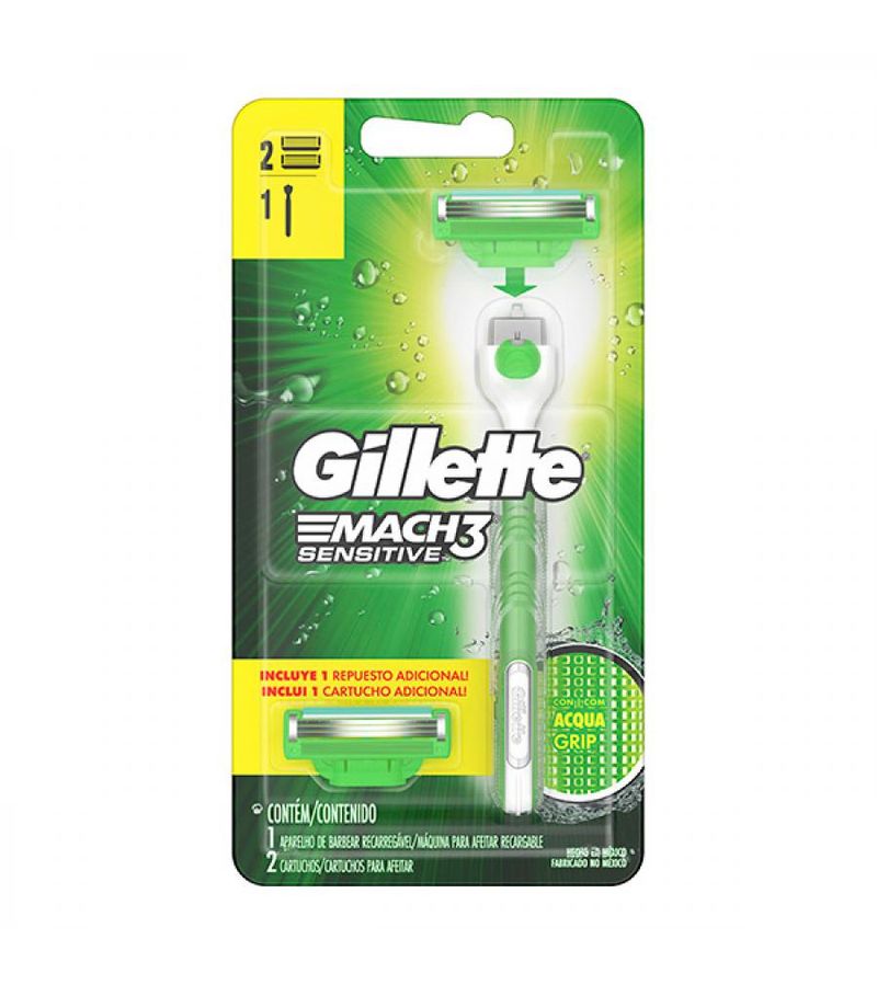 Aparelho Barbear Gillette Mach3 Sensitive Com 1 + 2 Laminas Acqua Grip  Especial