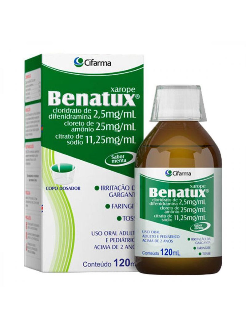 Caixa branca com faixa verde de Benatux Xarope 120ML