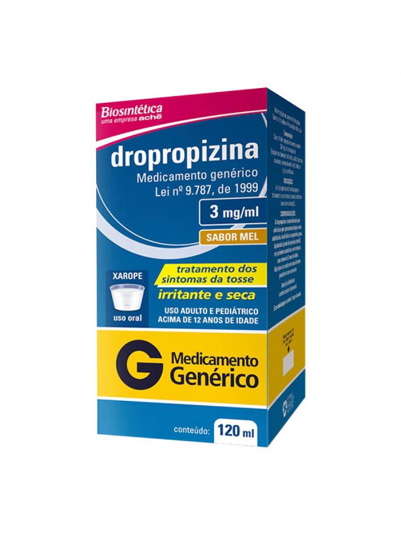 Caixa azul de Dropropizina Biosintética 3mg Xarope 120ml com faixa amarela indicativa de remédio genérico
