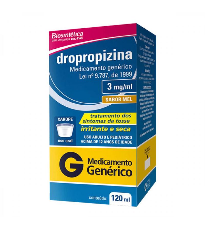 Caixa azul de Dropropizina Biosintética 3mg Xarope 120ml com faixa amarela indicativa de remédio genérico