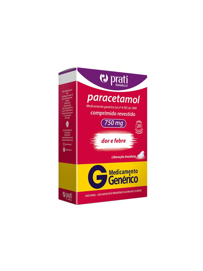 Paracetamol-Prati-Com-20-Comprimidos-Revestidos-750mg-Generico