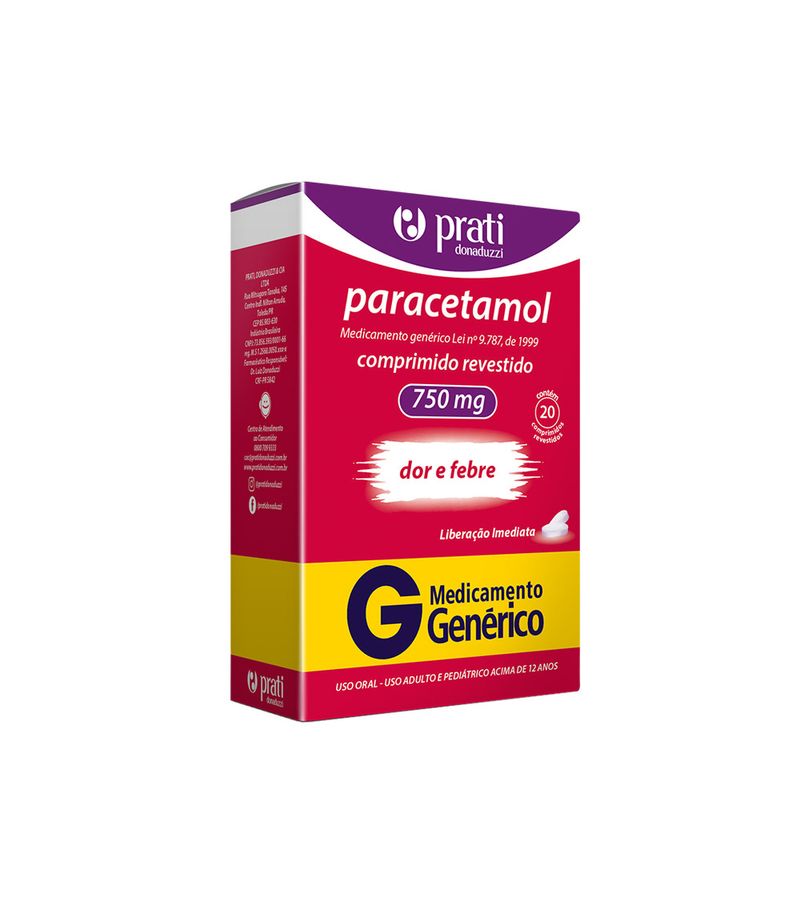 Paracetamol-Prati-Com-20-Comprimidos-Revestidos-750mg-Generico