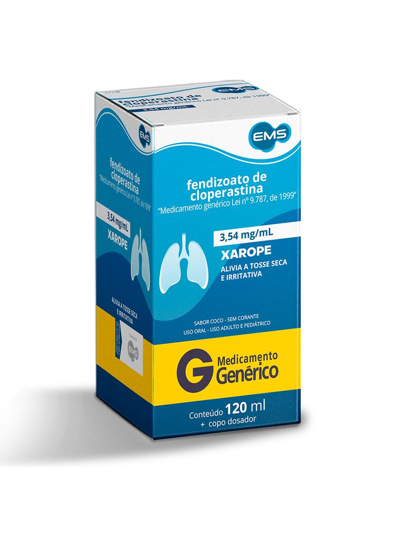 Caixa de Fendizoato De Cloperastina Ems 120ml Xarope 3,54mg azul com faixa amarela indicativa de remédio genérico