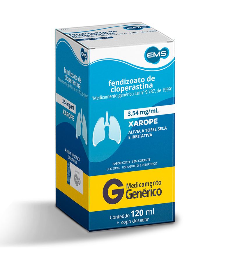 Caixa de Fendizoato De Cloperastina Ems 120ml Xarope 3,54mg azul com faixa amarela indicativa de remédio genérico