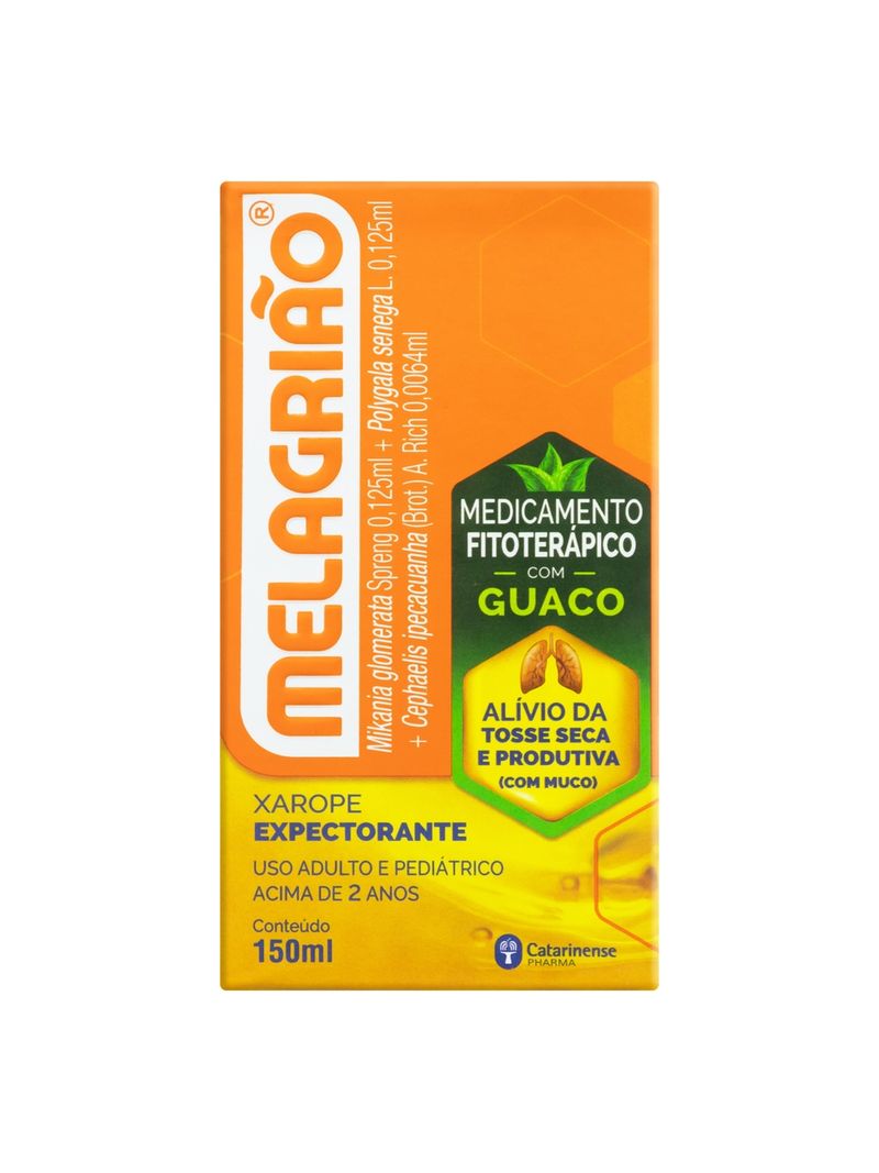 Frente da caixa laranja de Melagrião Xarope 150ml com nome do remédio na lateral