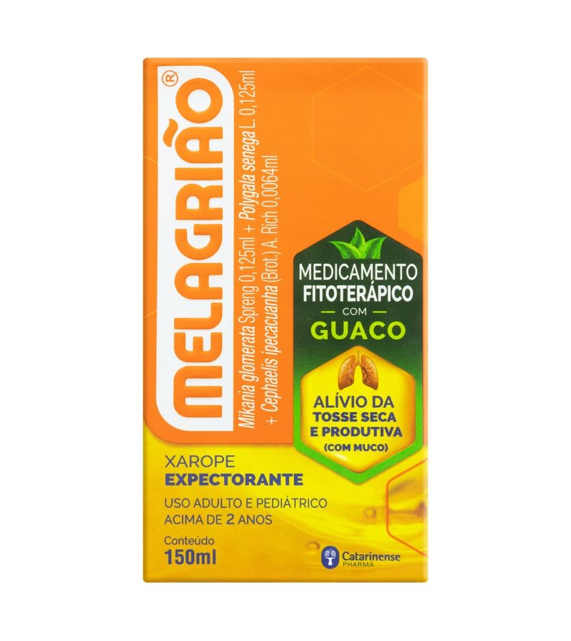 Frente da caixa laranja de Melagrião Xarope 150ml com nome do remédio na lateral