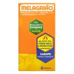 Frente da caixa laranja de Melagrião Xarope 150ml com nome do remédio no topo