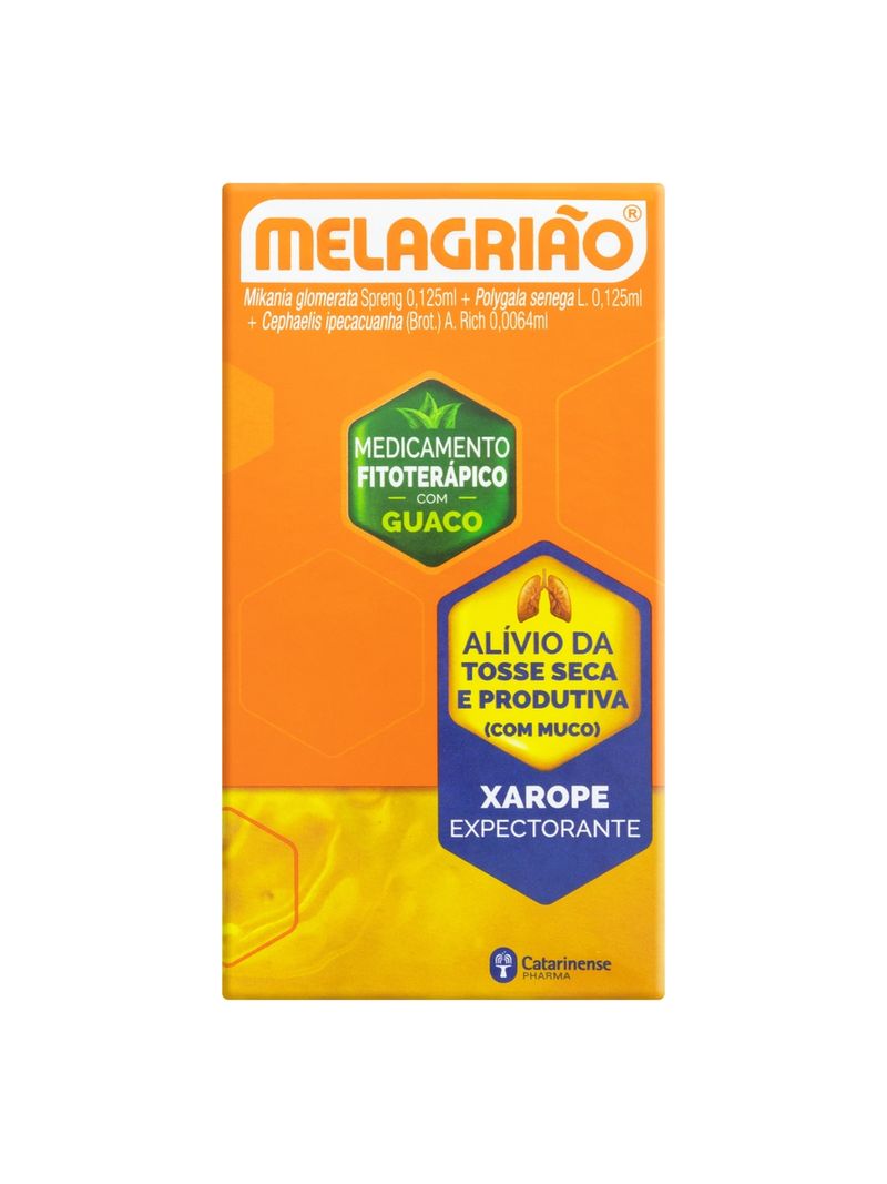 Frente da caixa laranja de Melagrião Xarope 150ml com nome do remédio no topo