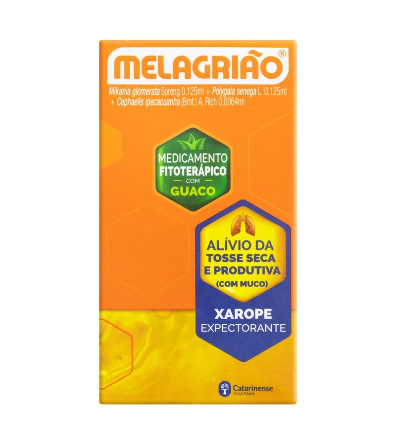 Frente da caixa laranja de Melagrião Xarope 150ml com nome do remédio no topo