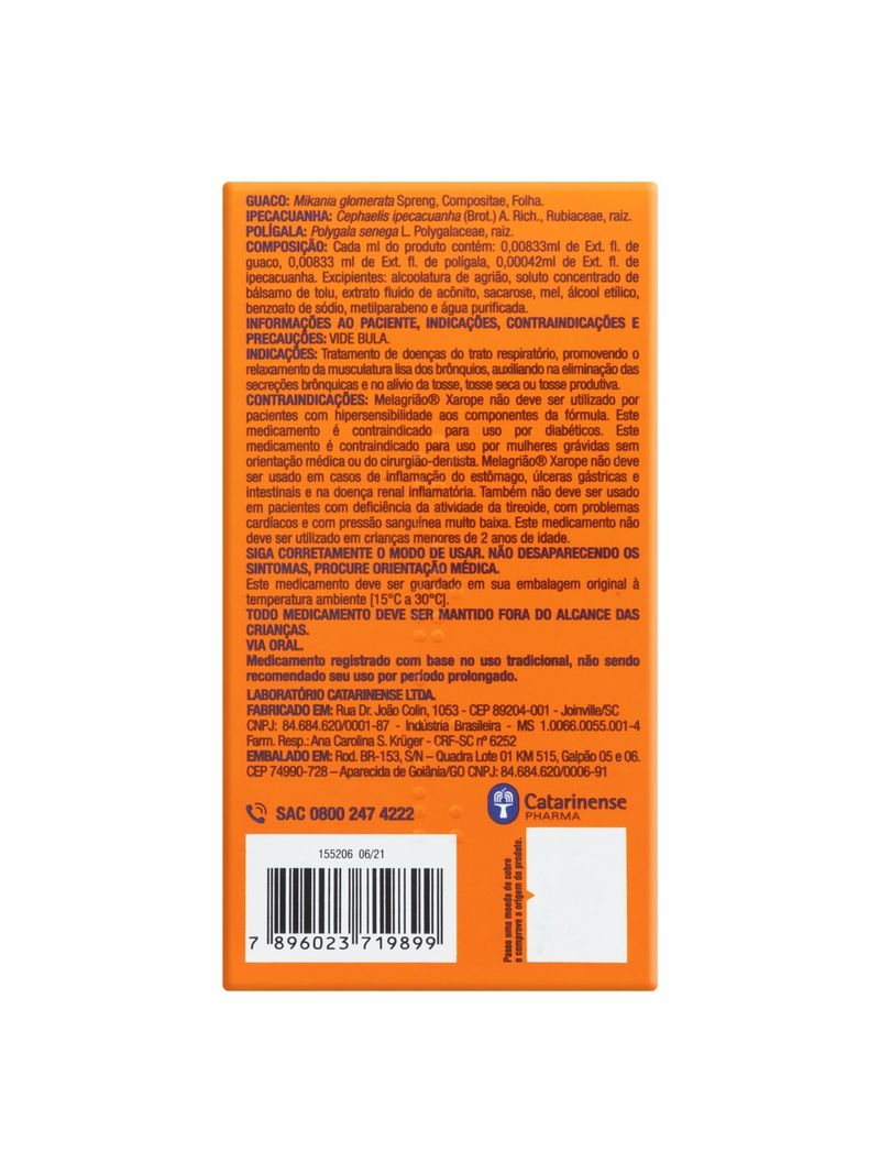 Verso da caixa laranja de Melagrião Xarope 150ml