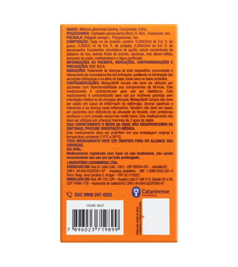 Verso da caixa laranja de Melagrião Xarope 150ml