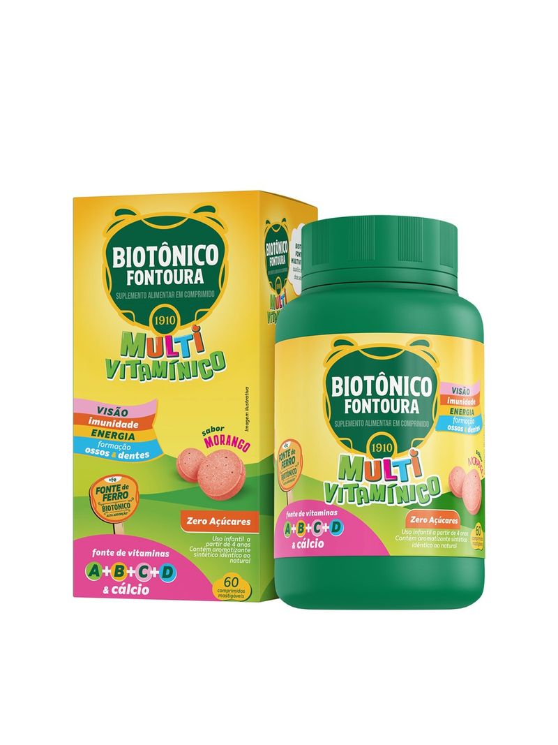 Suplemento-Alimentar-em-Comprimido-Multi-Vitaminico-Zero-Acucares-Morango-Biotonico-Fontoura-60-Comprimidos