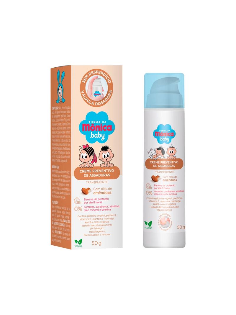 Creme-Preventivo-de-Assaduras-Transparente-com-Oleo-de-Amendoas-Turma-da-Monica-Baby-com-Valvula-Dosadora-50g-Vegano