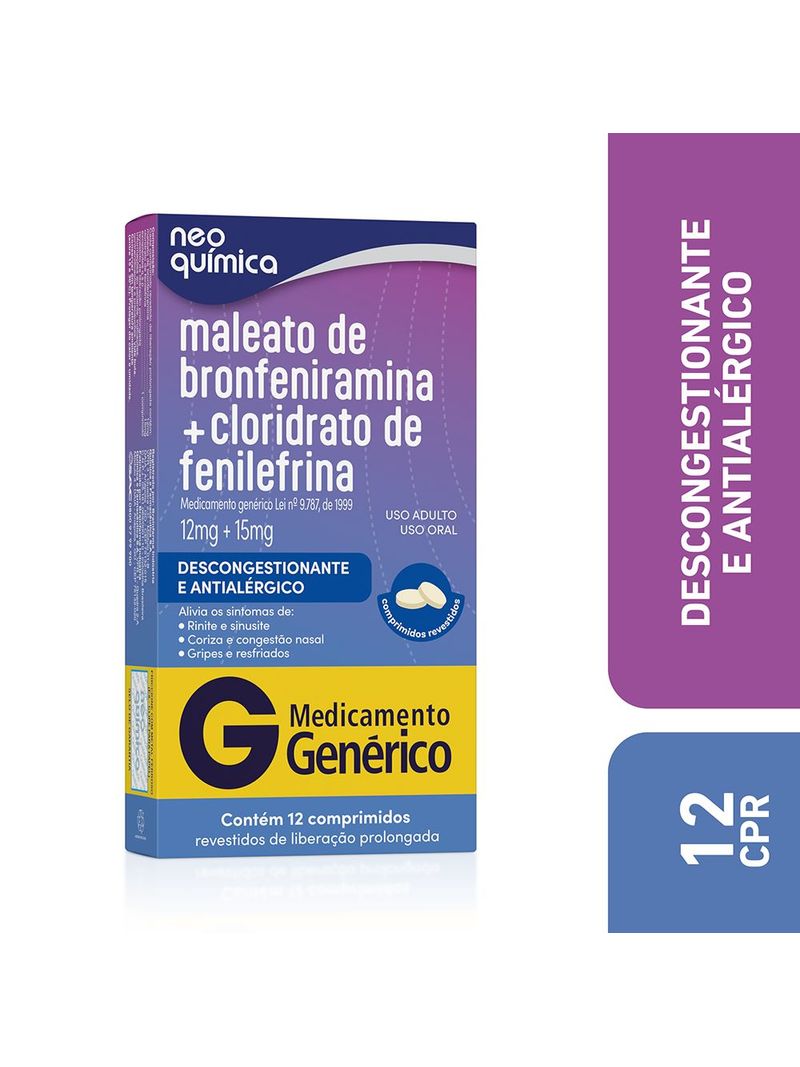 Maleato-De-Bronfeniramina-12mg---Cloridrato-De-Fenilefrina-15mg-Com-12--Comprimidos-Neo-Quimica-Gene
