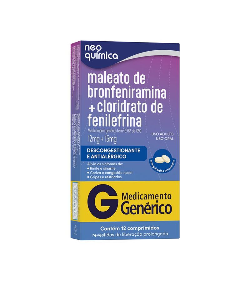 Maleato-De-Bronfeniramina-12mg---Cloridrato-De-Fenilefrina-15mg-Com-12--Comprimidos-Neo-Quimica-Gene