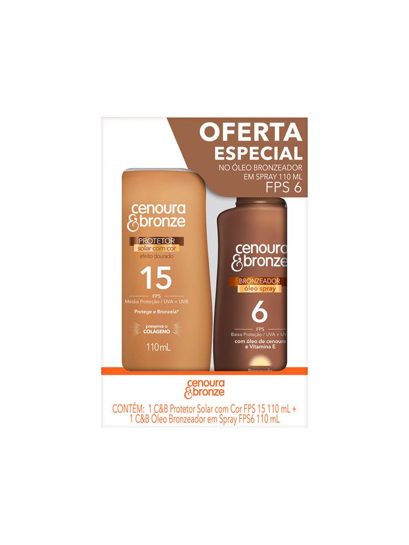 Protetor-Solar-Com-Cor-Fps15-110ml---Oleo-Bronzeador-Em-Spray-Fps6-110ml-Cenoura-E-Bronze-Especial
