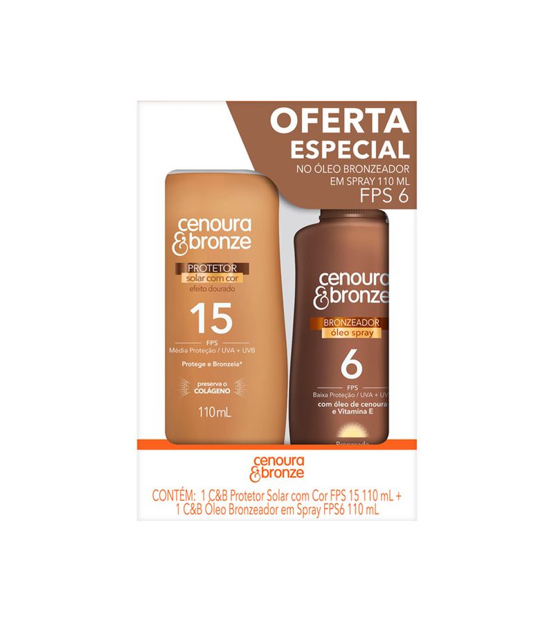 Protetor-Solar-Com-Cor-Fps15-110ml---Oleo-Bronzeador-Em-Spray-Fps6-110ml-Cenoura-E-Bronze-Especial