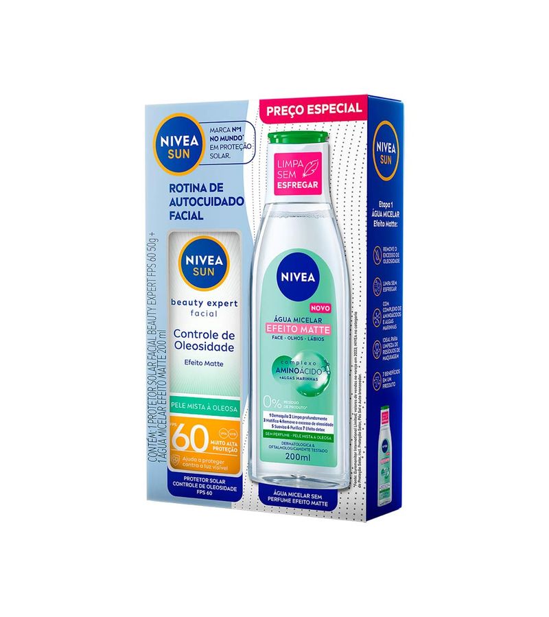 749129-Kit-Protetor-Solar-Nivea-Sun-Beauty-Expert-Fps60-50g---Agua-Micelar--Efeito-Matte-200ml-Especial