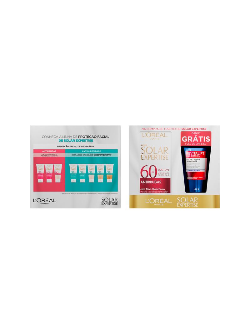 Kit-Loreal-Protetor-Solar-Expertise-Antirrugas-Fps-60-40gr---Gel-De--Limpeza-Revitalift-Pro-retinol-40gr-Especial