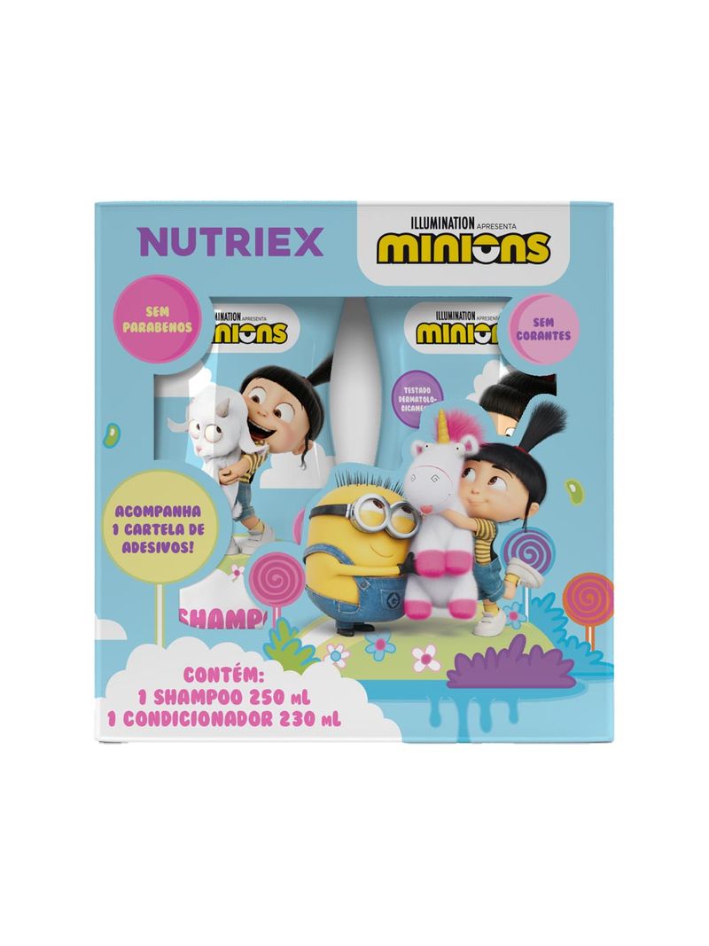 Kit-Minions-Shampoo-250ml---Condicionador-230ml---1-Cartela-De-Adesivos--Nutriex