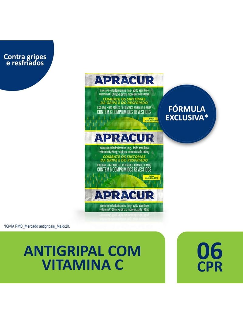 Antigripal-Maleato-de-Clorfeniramina-1mg-Acido-Ascorbico-500mg-Dipirona-Monoidratada-100mg-Apracur-6-Comprimidos