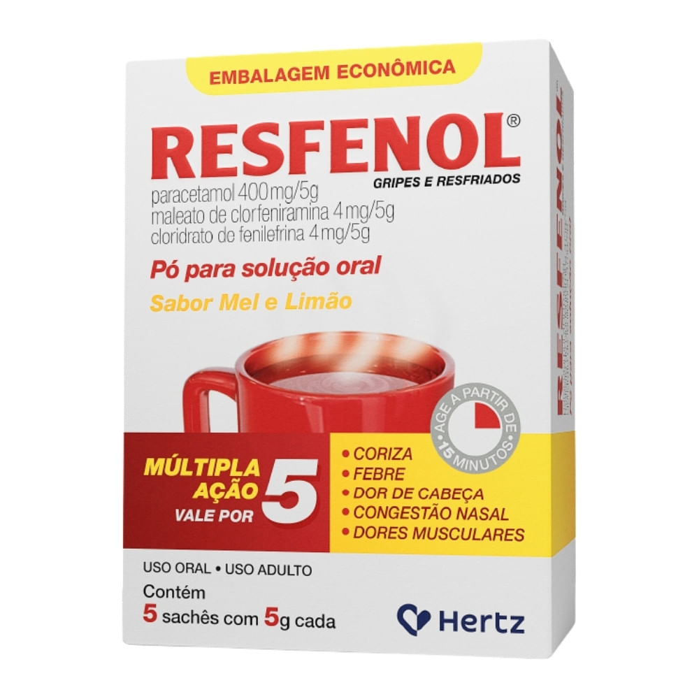Resfenol 400mg + 4mg + 4mg, caixa com 5 envelopes com 5g