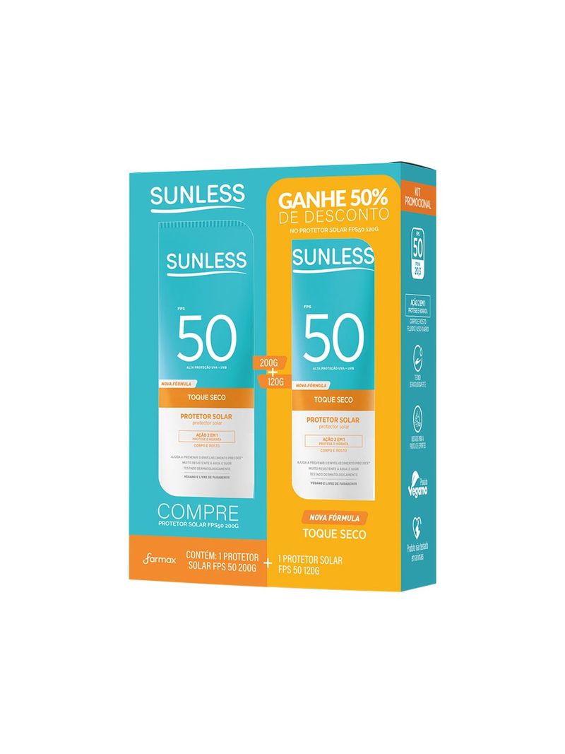 KIT PROTETOR SOLAR SUNLESS FPS50 200G + PROTETOR SOLAR FPS50 50% DE  DESCONTO 120G