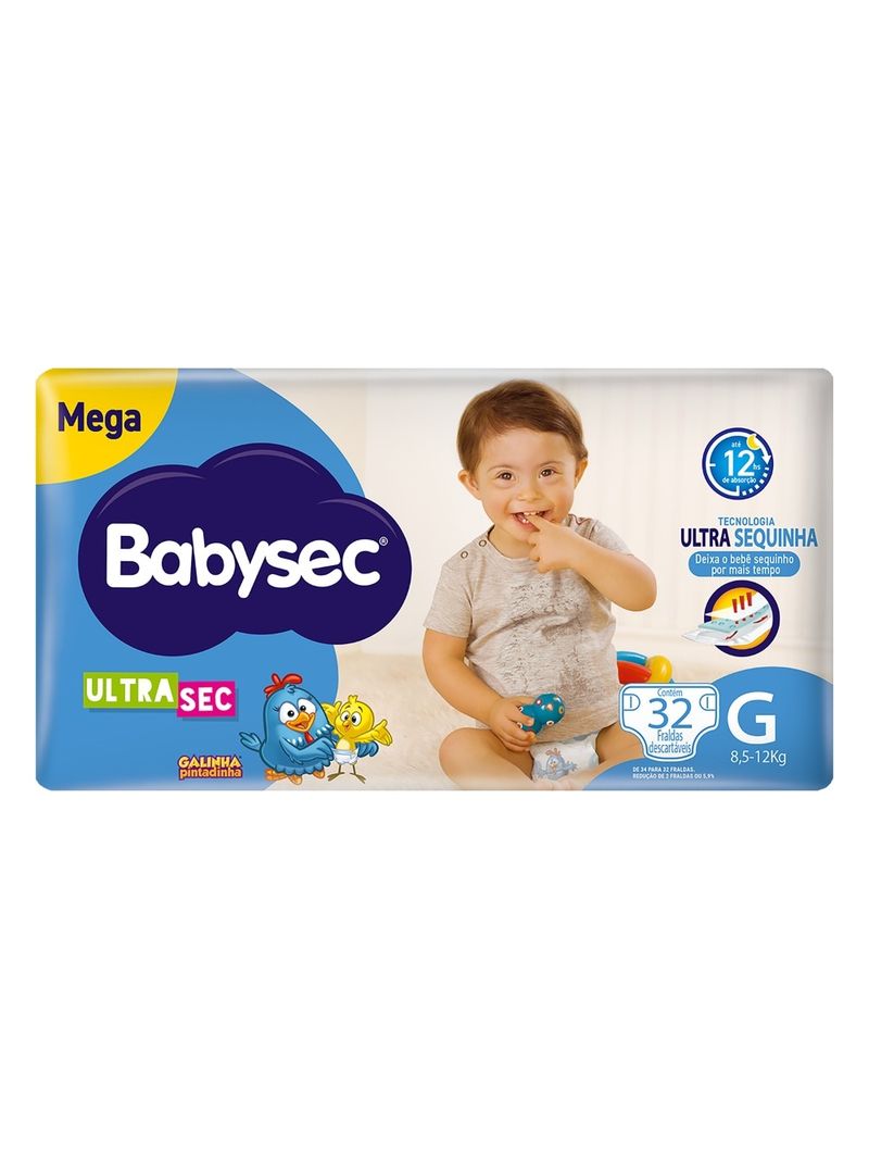 FRALDA BABYSEC GALINHA PINTADINHA TAM.G ULTRASEC MEGA 32 UNIDADES